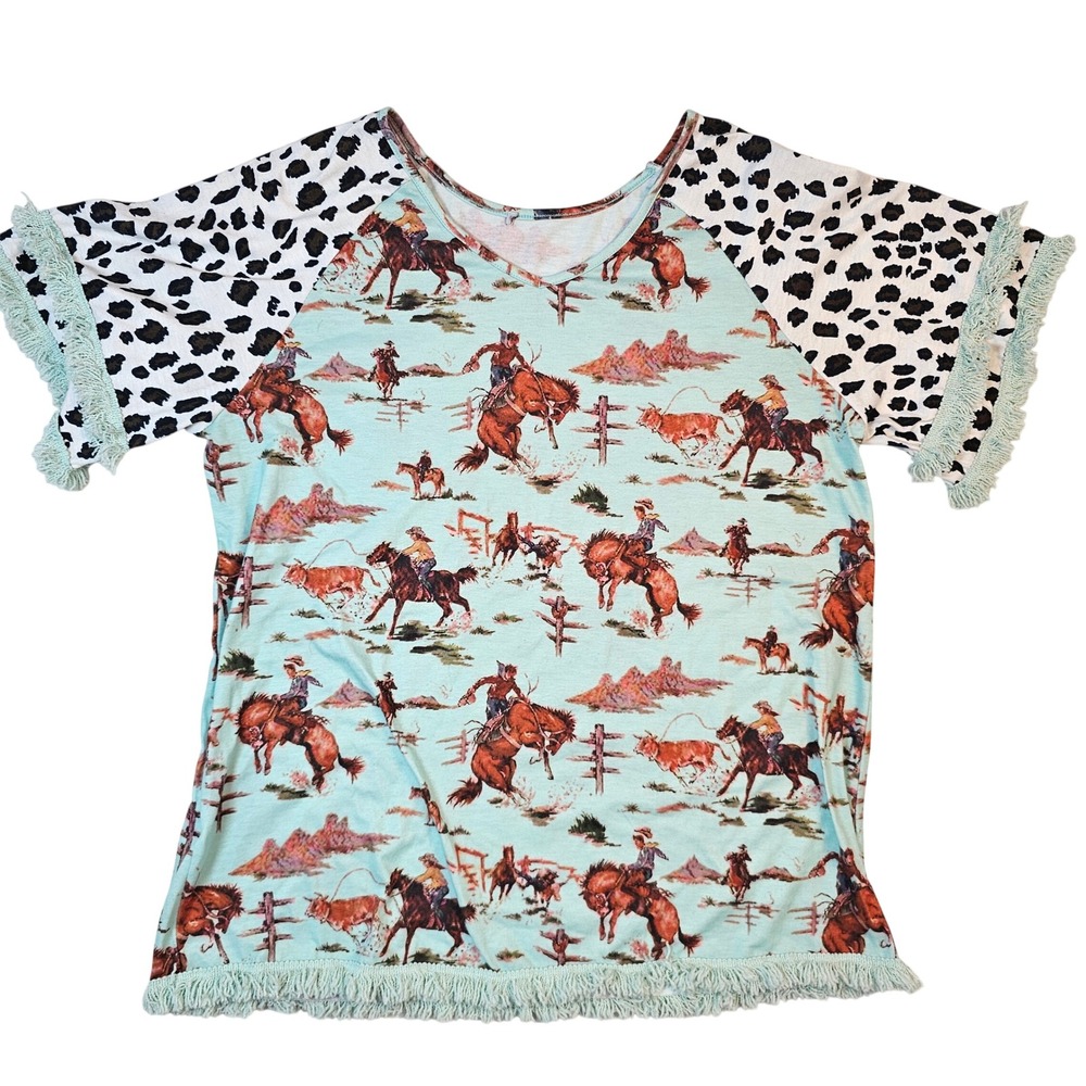 Western Rodeo Cow Print Fringe Raglan Top Mint Green V-Neck T-Shirt